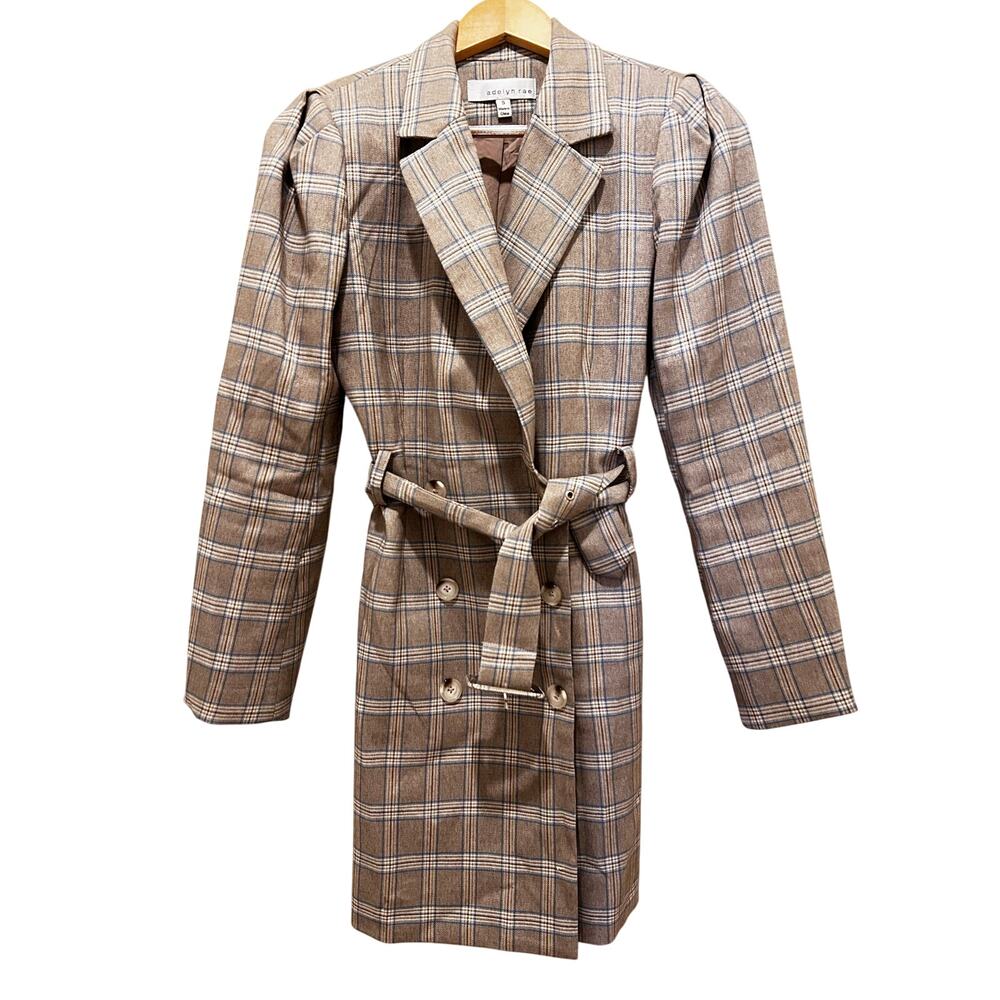 Plaid Belted Trench Coat Jacket Double Breasted Neutral Chic Small